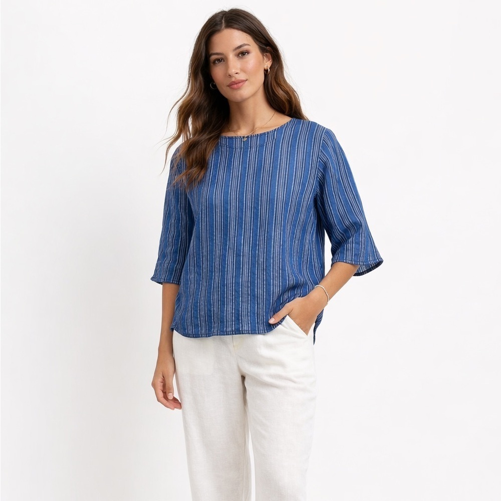 Tory Burch robinson linen boxy top size small blue stripe beach coastal preppy
